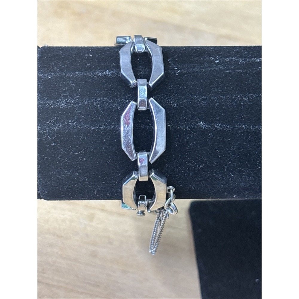 Vintage Monet Silver Tone Art Deco Geometric Link Bracelet Safety Chain